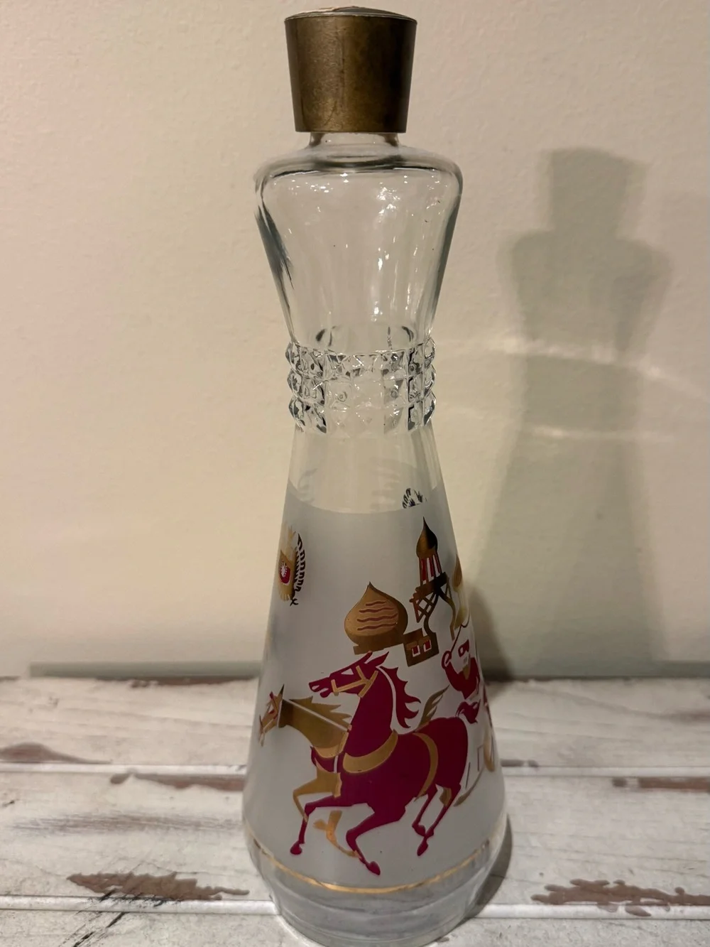Vintage Frosted Glass Decanter Russian Troika Sleigh Gold Red Barware